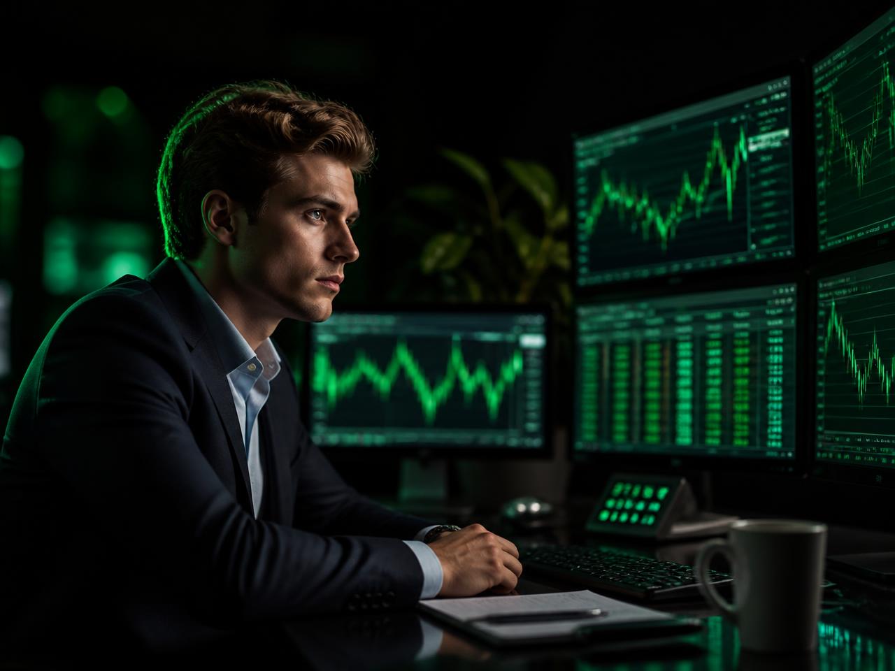Fund manager reviewing live market charts on multiple screens
